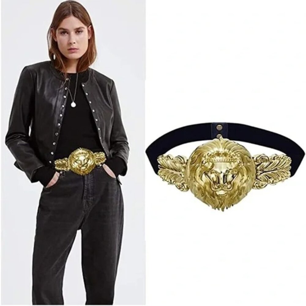 Exaggeration Belt for Women's Black Waistband Gold Elastic